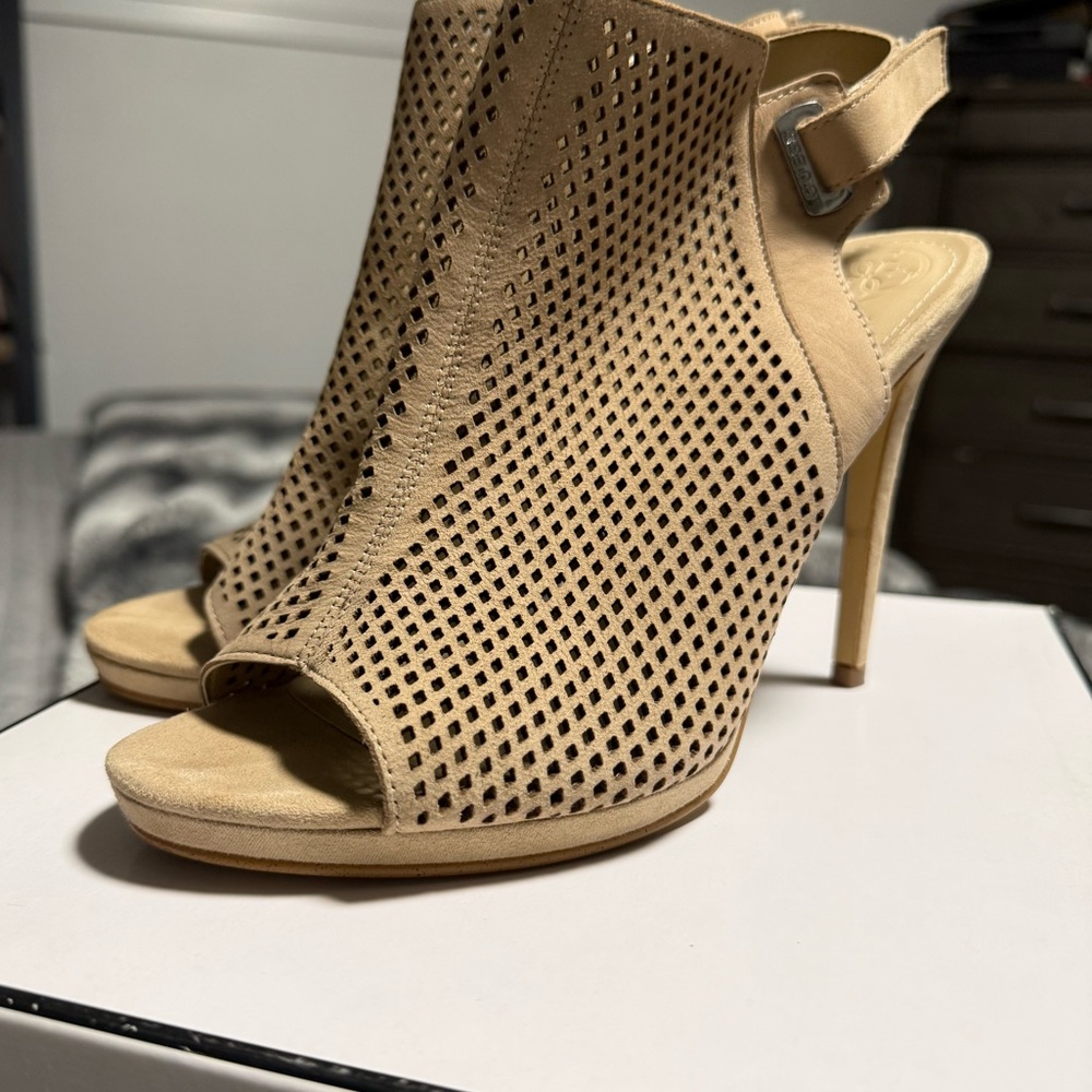 Guess Tan Perforated Peep-Toe Heels